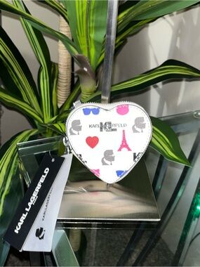 Karl Lagerfeld White Heart Coin Pouch with Red & Blue Accents